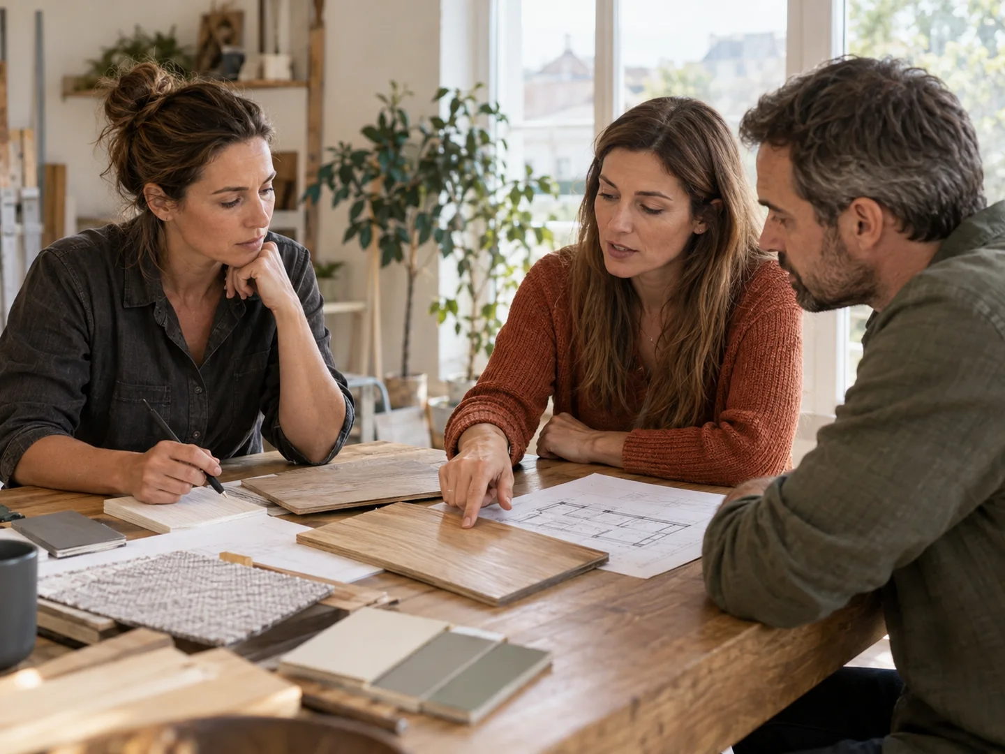 Illustrative renovation business owner and homeowners discussing material samples and a floor plan.